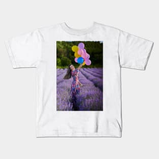 Woman with balloons in a lavender field Kids T-Shirt